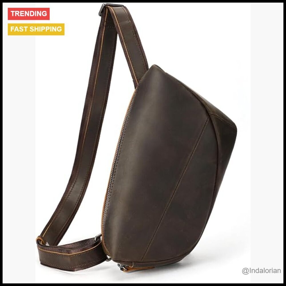 Vintage Leather Sling Bag Crossbody Chest Pack Adjustable Strap Travel Hiking